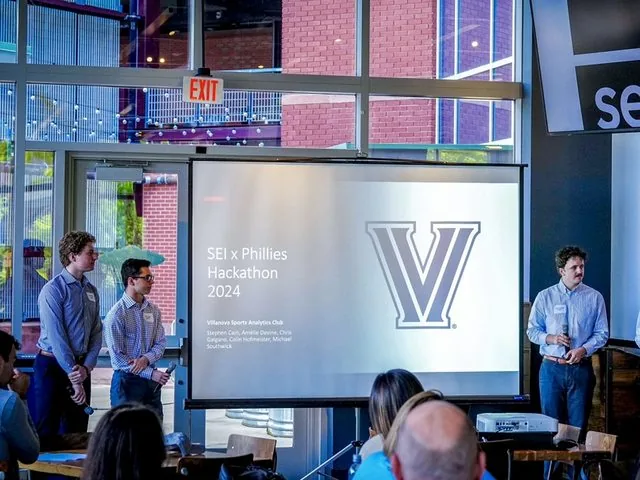 Colin Hofmeister presenting the winning presentation at the Phillies Hackathon